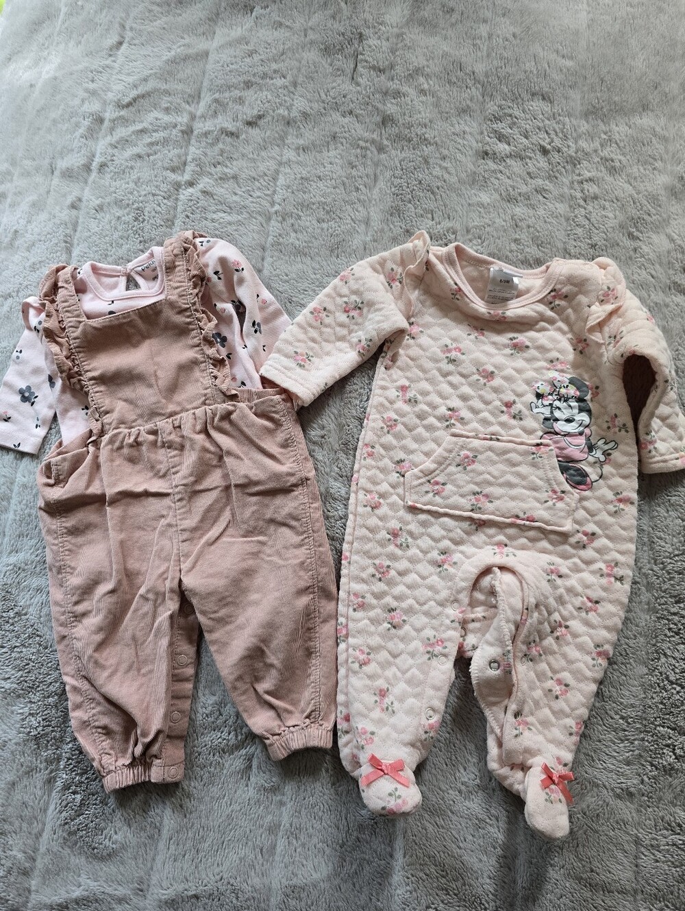 Baby Pink Minnie Mouse Quilted Footed Romper & Dusty Rose Overalls Set